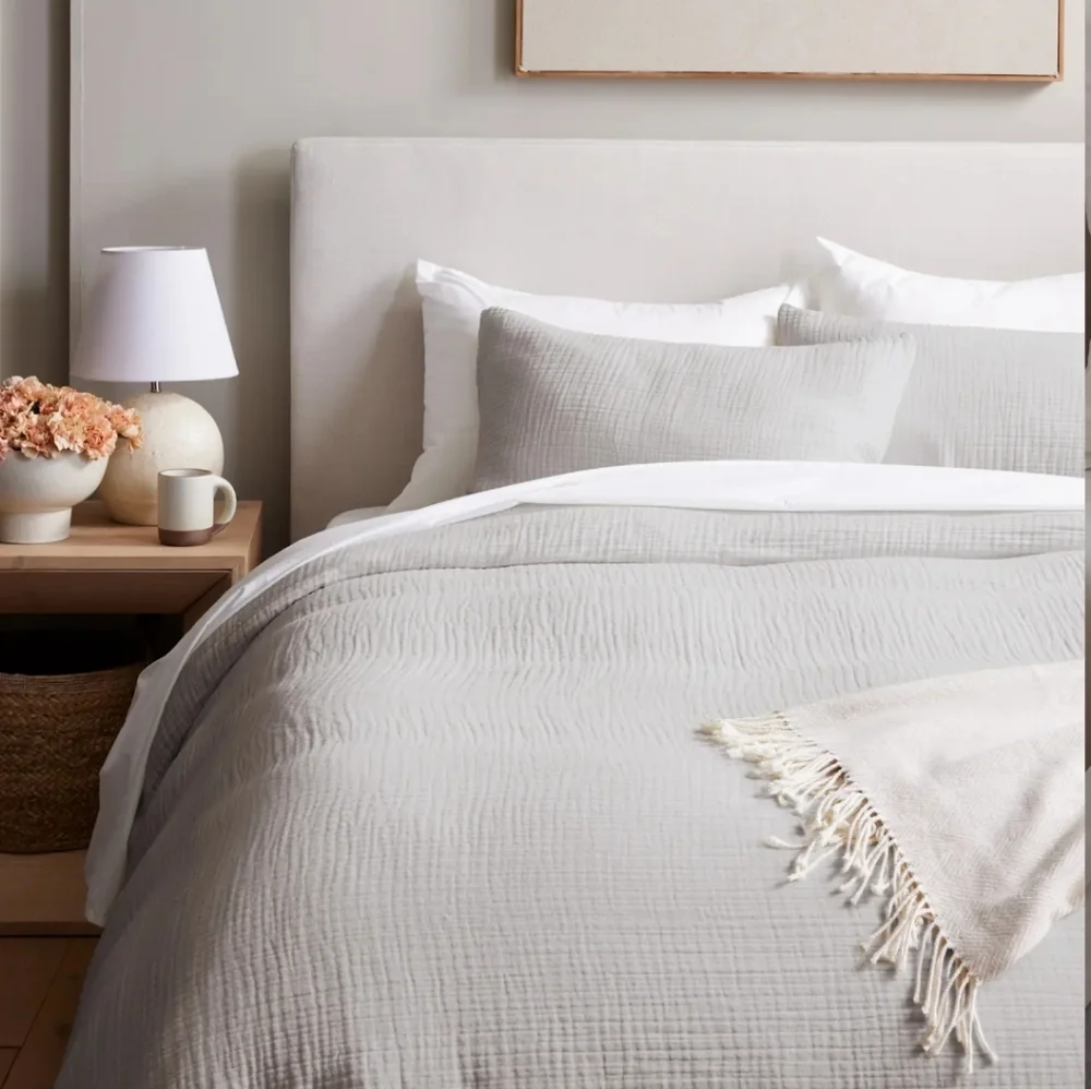 NWT Quince Organic Cotton Airy Gauze Fog Gray Duvet Cover Set! Full/ Queen (672)